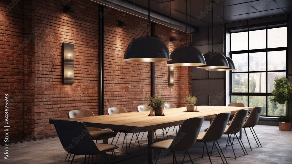 Wall mural a spacious brick concrete hall in soft, light colors, illuminated by an array of stylish ceiling lamps. The hall should exude a modern industrial aesthetic, with a balance of warmth and minimalism.