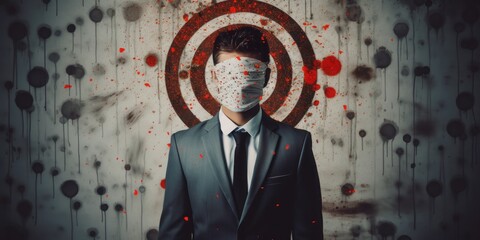 Aiming for Success: A Man in Business Suit Holds a Target to His Face, Symbolizing Ambition, Precision, and Determination in Pursuit of Career and Business Objectives