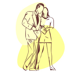 A man in a suit and a girl in a short dress. Couple in love. Stylization. Graphic color image. Vector.