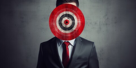 Aiming for Success: A Man in Business Suit Holds a Target to His Face, Symbolizing Ambition, Precision, and Determination in Pursuit of Career and Business Objectives