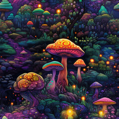 Obraz na płótnie Canvas Fantasy magic mushrooms psychedelic starry night neon