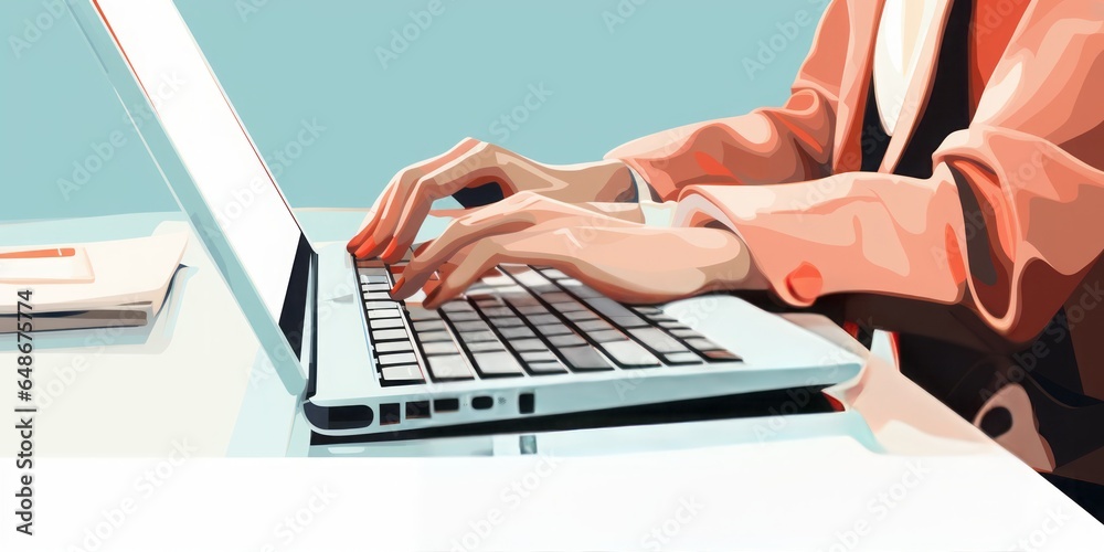 Poster Balancing Work and Life in a Home Office: A Lady Typing on a Streamlined Computer Keyboard, Embracing Modern Efficiency and Remote Work Flexibility