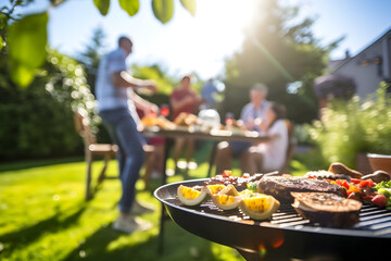 Family and Friends Gather for a Picnic at Barbecue Grill in the Garden, Delighting in Food, Fun, and Each Other's Company on a Sunny Day, with a Blissful Blur Background