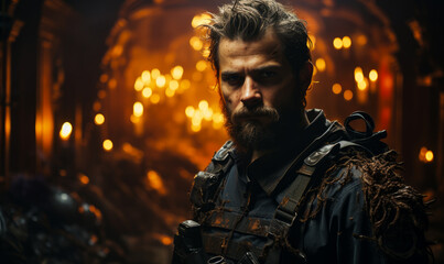 Fototapeta premium A bearded man in a dimly lit room. A man with a beard in a dark room