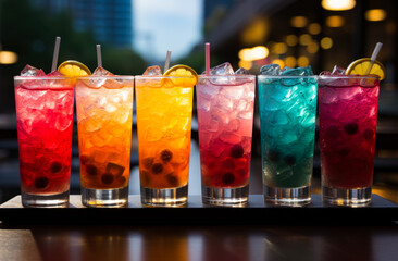 A row of colorful drinks sitting on top of a table. A vibrant display of colorful drinks on a table