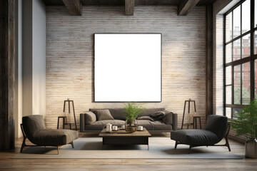Loft-style living room interior with a painting on the wall and sofas