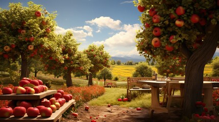 Idyllic Apple Orchard on a Sunny Day with Fresh Apples and Rustic Wooden Crates - obrazy, fototapety, plakaty