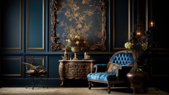 Vintage Victorian Lounge with Blue Velvet Armchair and Ornate Golden Tapestry