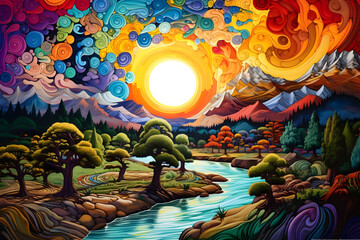 Vivid Whirlwind A Landscape Alive with Swirling Kaleidoscopic Colors and Mesmerizing Shapes
