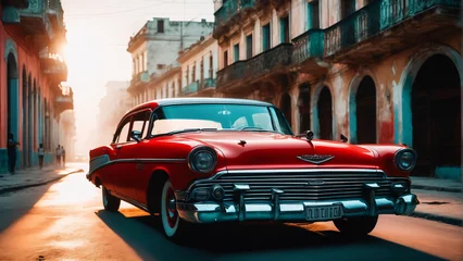 Zelfklevend Fotobehang Red retro vintage oldtimer car in Havana like city. Extremely detailed and realistic high resolution concept design illustration © RobinsonIcious