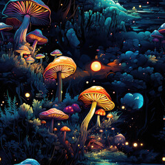 Fototapeta na wymiar Psychedelic magic mushroom cartoon repeat pattern Van Gogh Starry night style