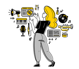 Music producer composing new track vector outline illustration, sound engineer doing his job in recording studio, composer creating audio mix. - obrazy, fototapety, plakaty