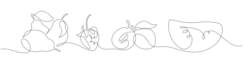 Isolated vector graphic collection of fruits and berries in one line