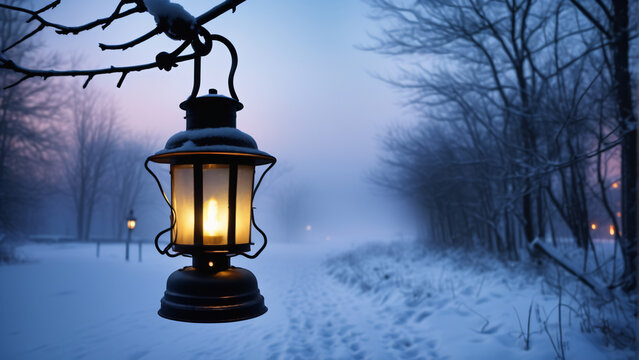 Latern glowing at snowy landscape in winter. Extremely detailed and high resolution concept design illustration