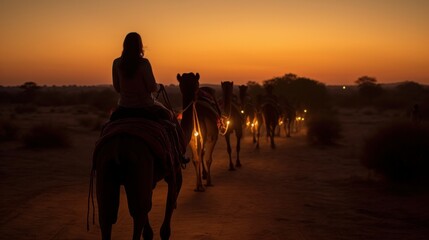 Female visitor on camel safari at the Thar forsake Jaisalmer Rajasthan at nightfall with see of camel caravan