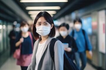 Asian woman walking with surgical mask - obrazy, fototapety, plakaty