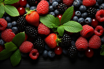 Fototapeta premium Generative AI - Background formed with different berries: raspberries, blackberries, blueberries