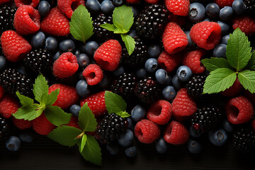 Generative AI - Background formed with different berries: raspberries, blackberries, blueberries