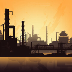 Fototapeta na wymiar Industrial background, factory with pipes, buildings and towers against sunset background, backlighting, illustration