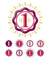 First place vector badge awards set, graphic design geometric simple emblem stickers number one collection, business success and victory theme labels, classical style icons.