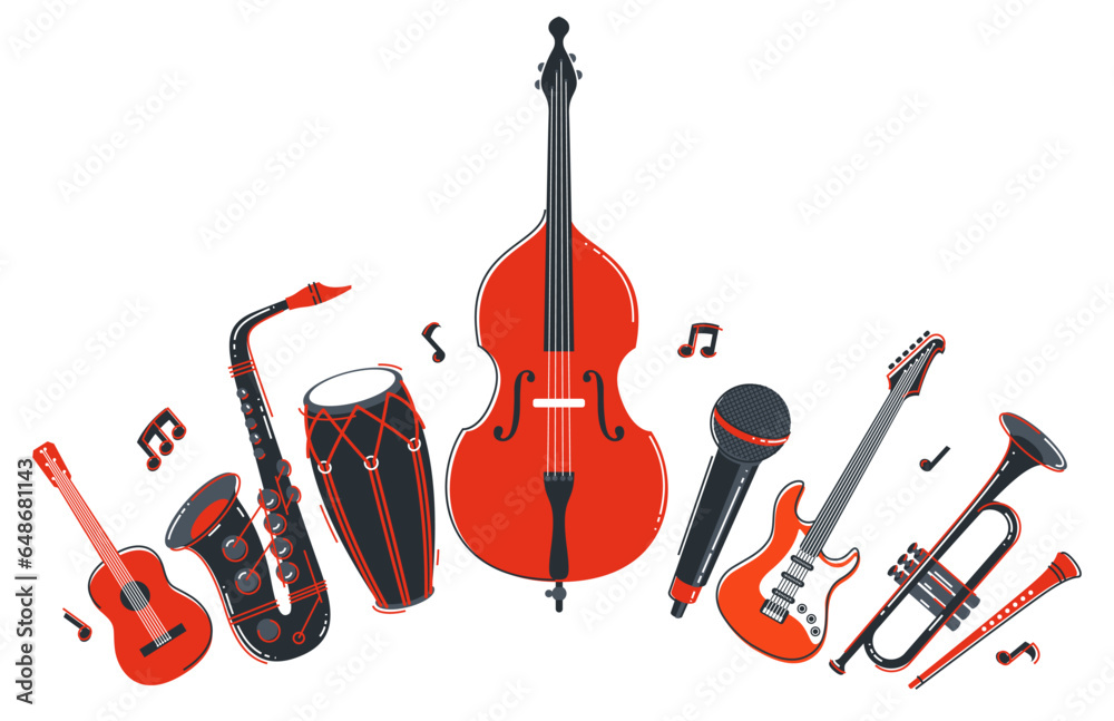 Wall mural jazz music band concept different instruments vector flat illustration isolated on white background,