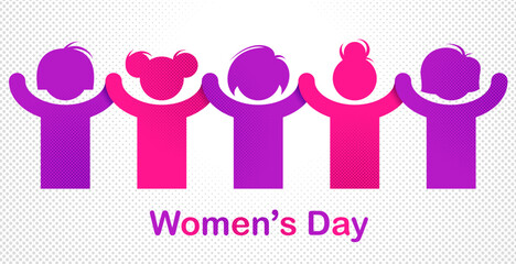 8 March women day international holiday, female solidarity concept, fight for rights tolerance and equality, feminism, girl power, group of protesting, vector illustration or icon.