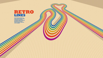 Linear vector abstract background in all colors of rainbow, retro style lines in 3D dimensional perspective, vintage poster art.