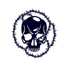 Skull with blackthorn vintage classic style tattoo vector, dead head suffering martyr theme.