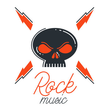 Hard rock and heavy metal emblem or logo vector flat style illustration isolated, dead scull composition, stylish music icon.