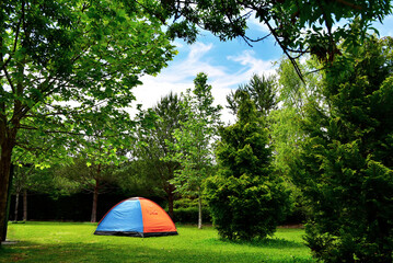 camping tent on green grass