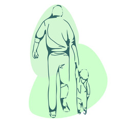 
A father holds his little son's hand. Stylization. Graphic color image. Vector.