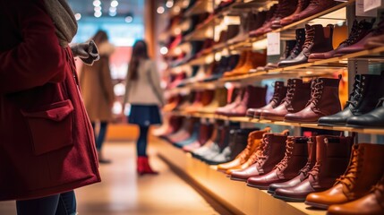 Woman in a shoe shop looking for winter boots - obrazy, fototapety, plakaty