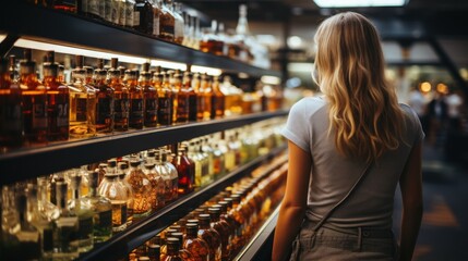 A woman browsing in the alcohol aisle of a supermarket - obrazy, fototapety, plakaty