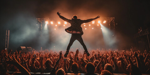 Glastonbury Music Festival, outdoor stage, performing artist in a dramatic pose, enthusiastic crowd, illuminated by stage lights - obrazy, fototapety, plakaty
