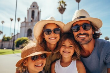 Portrait of a happy young Caucasian family taking a photo while on vacation in Los Angeles