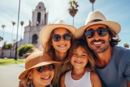 Portrait of a happy young Caucasian family taking a photo while on vacation in Los Angeles