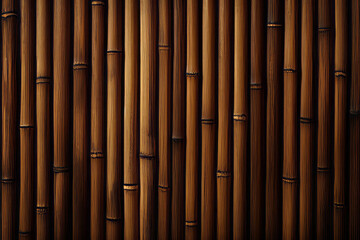 A wooden wall with vertical slats of varying heights and widths