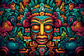 Aztec or Mayan style illustration of the face of a cultural god or idol.