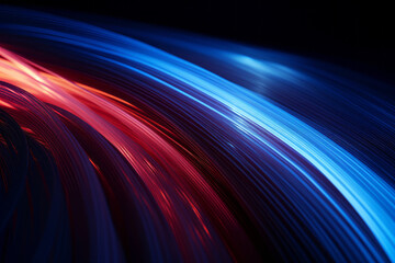 blue and red light trails on a black background. The light trails are curved and intersect each other, creating a dynamic and futuristic effect