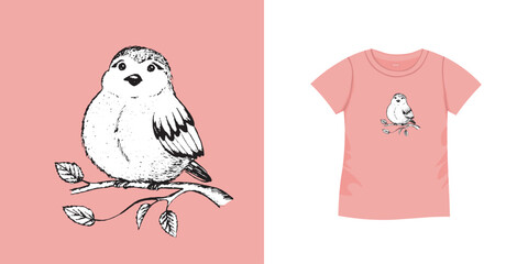 T-shirt with bird pattern. Women jersey, sport uniform kit, short fashion top, round neck blouse. Sketch Illustration. Template mock up
