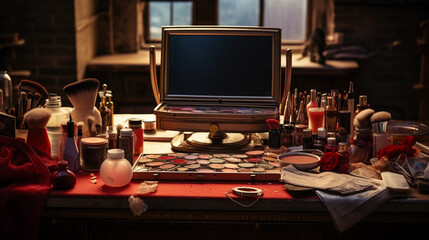 makeup artist's table, cluttered with a spectrum of eyeshadow palettes, red and nude lipsticks, brushes, and a vintage hand mirror. Moody ambient lighting