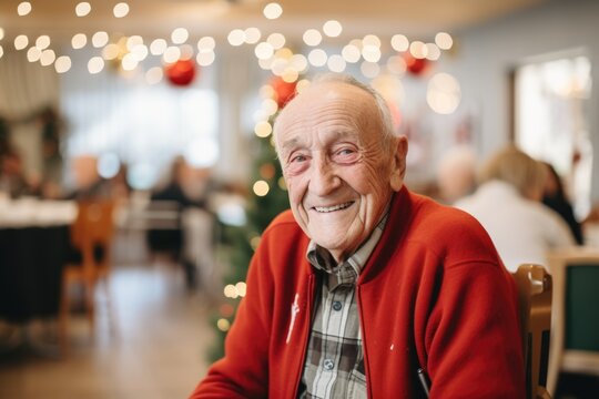 Portrait of a senior caucasian man in a nursing home decorated for Christmas and the new year holidays