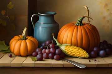Autumn still life with pumpkins, corn and grapes at thanksgiving with neutral background.