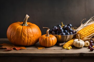 Autumn still life with pumpkins, corn and grapes at thanksgiving with neutral background.