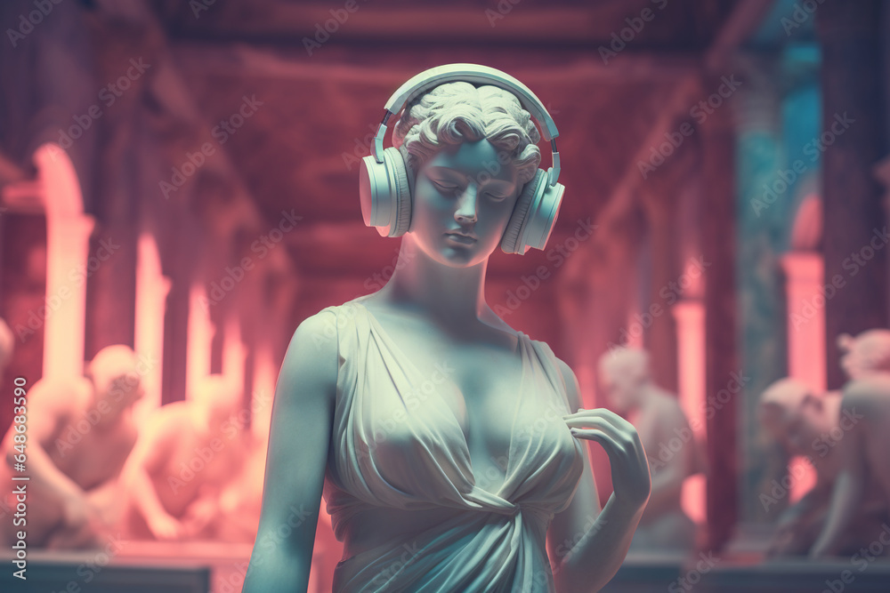 Wall mural antique sculpture of a woman in headphones, neon light of nightclub