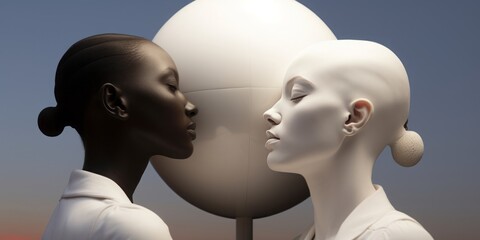  Female Heads with Twin Heads Each, Topped by White Spheres, Evoking Artistic Surrealism and Symbolizing Unity in Diverse Creative Expressions
