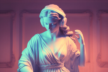 Antique sculpture of a woman in headphones, neon light of nightclub