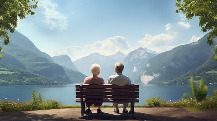 elderly senior couple enjoying a majestic view of a tranquil lake and mountains on a sunny summer day while sitting on a wooden bench