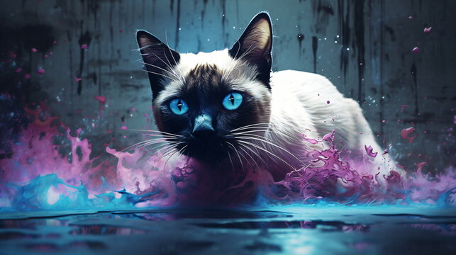 Photographic Siamese Cat with Purple Paint Splatter