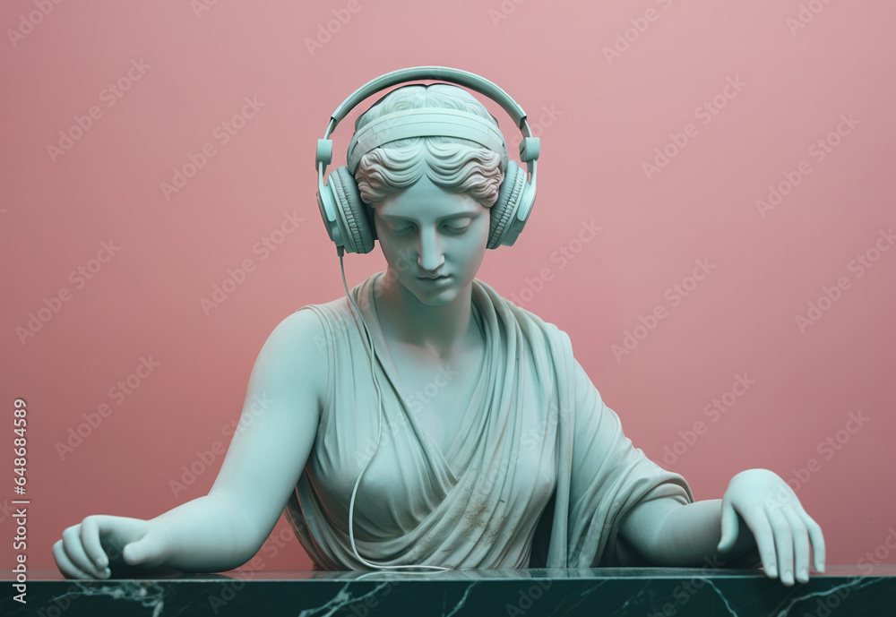 Wall mural antique sculpture of a dj woman in headphones